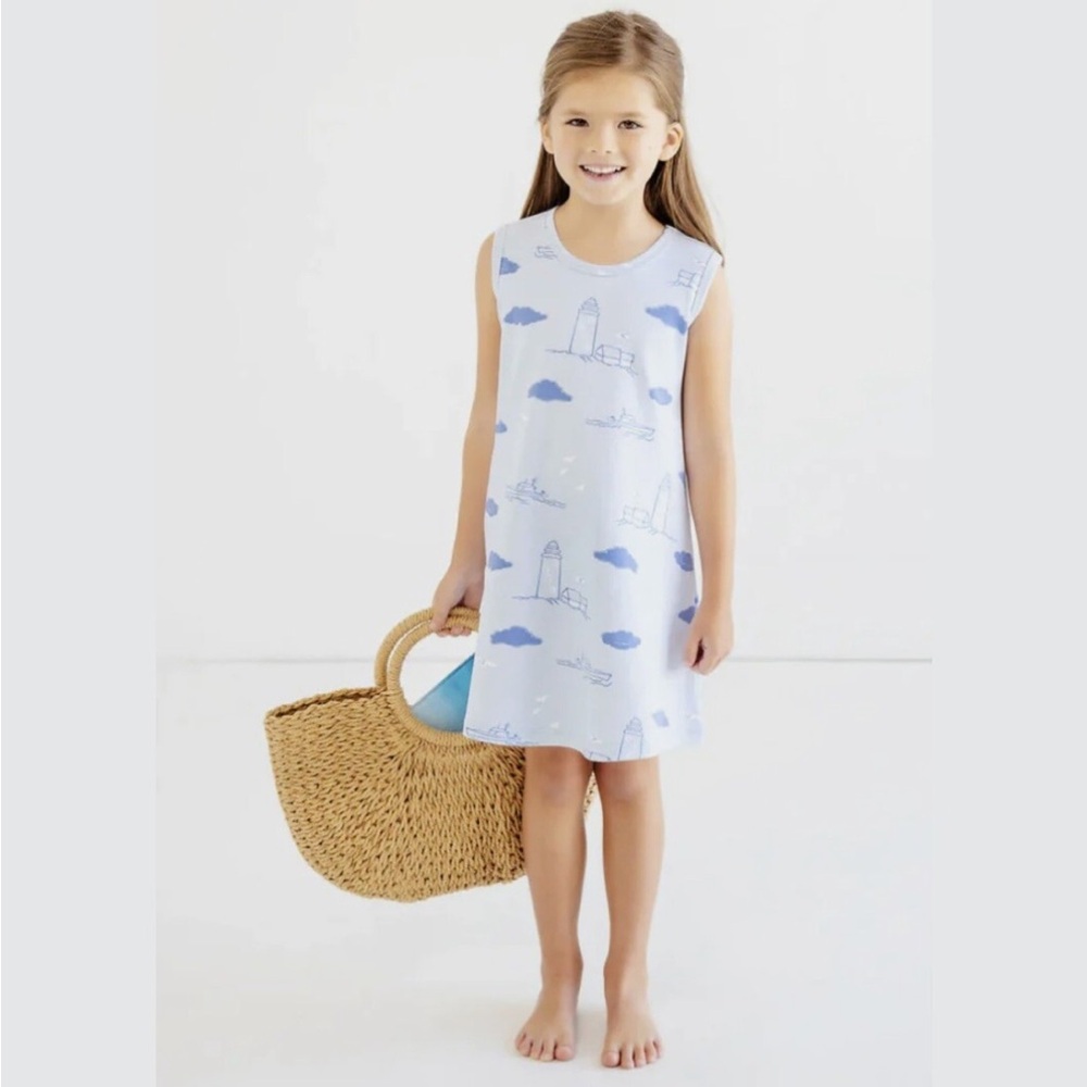 The Beaufort Bonnet Company Polly Play Dress in the Loggerhead Lighthouse print